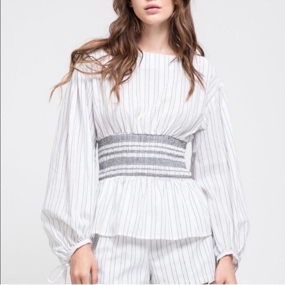 JOA Revolve Blouse White Striped Bubble Sleeve Smocked Waist Blouse Top